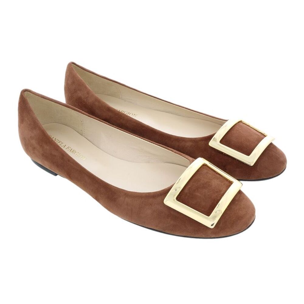 Daniela Fargion Brown/Gold Suede Square Buckle Flat Ballerina Shoes-